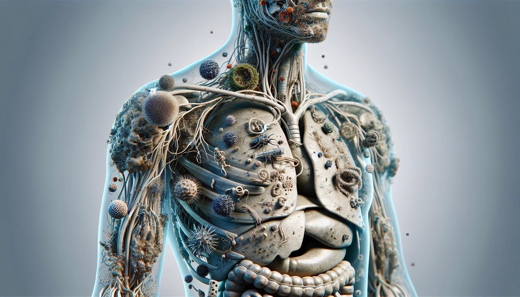 corpo umano anatomico che accumula tossine e virus e malattie nel corpo , sfondo neutro chiaro, iperrealistico 4k emoji