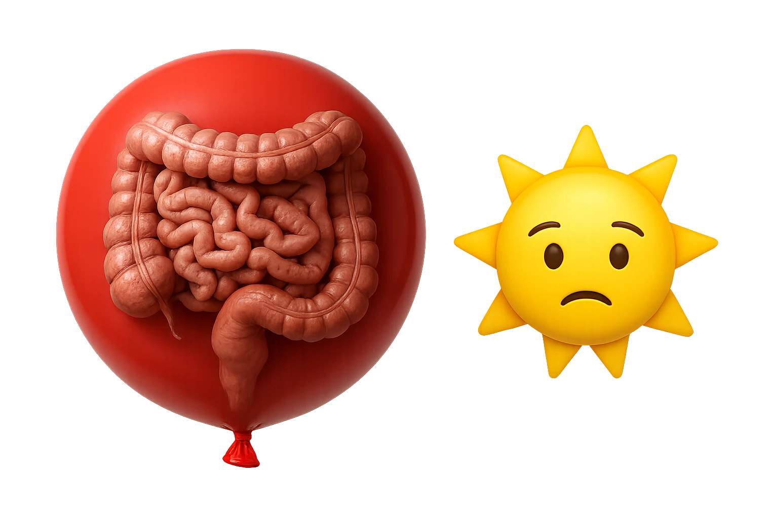 intestino umano anatomico chiuso in un palloncino rosso che simboleggia gonfiore, accanto un simbolo di sole stile emoji iphone che simboleggia "gonfiori di mattina", iperrealistico 4k emoji