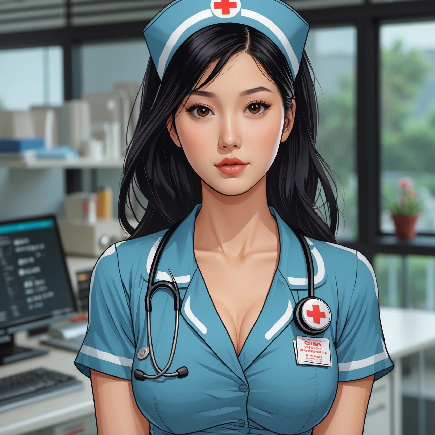 An asian nurse named Cindy with large breasts  emoji