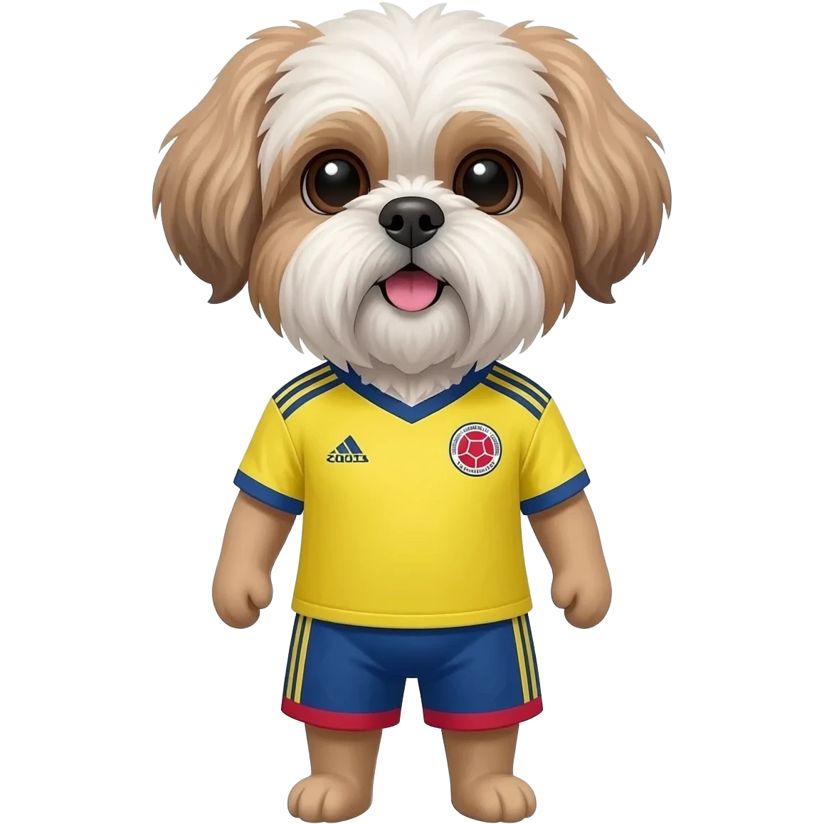 white and light brown shih zhu wearing a colombia soccer jersey v neck 2026 work cup emoji