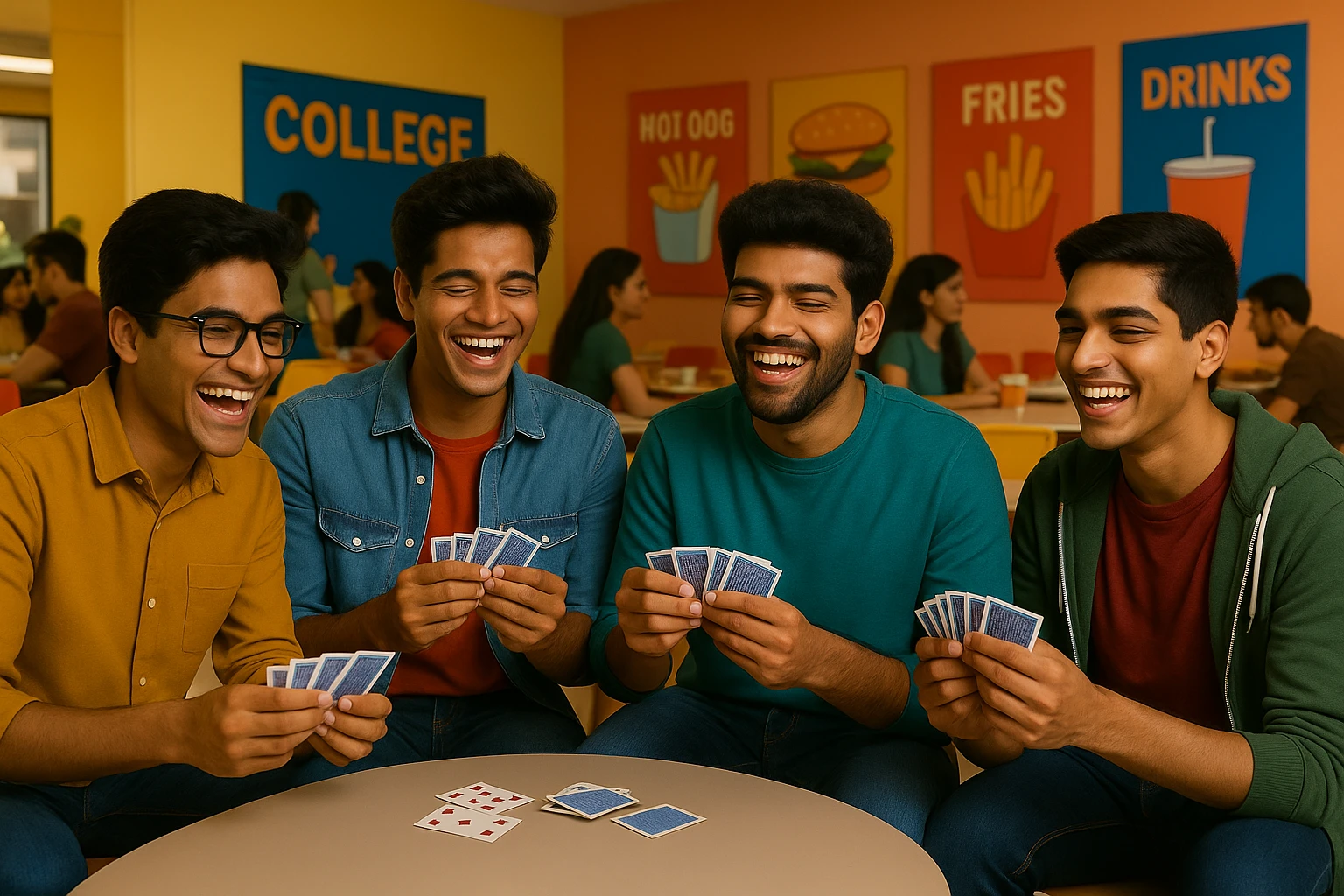 Add a vibrant Indian college canteen background while maintaining the group of boys playing tash as the main subject of the image. emoji