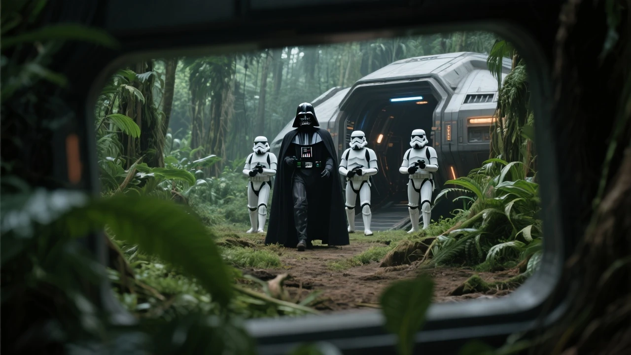 cinematic still, Closeup shot, amazon jungle,  blurred plants in the foreground (frame within a frame), Darth Vader around stormtroopers coming out from starship on ground, they are exploring the jungle, inspired by StarWars movie, captured by arri alexa emoji