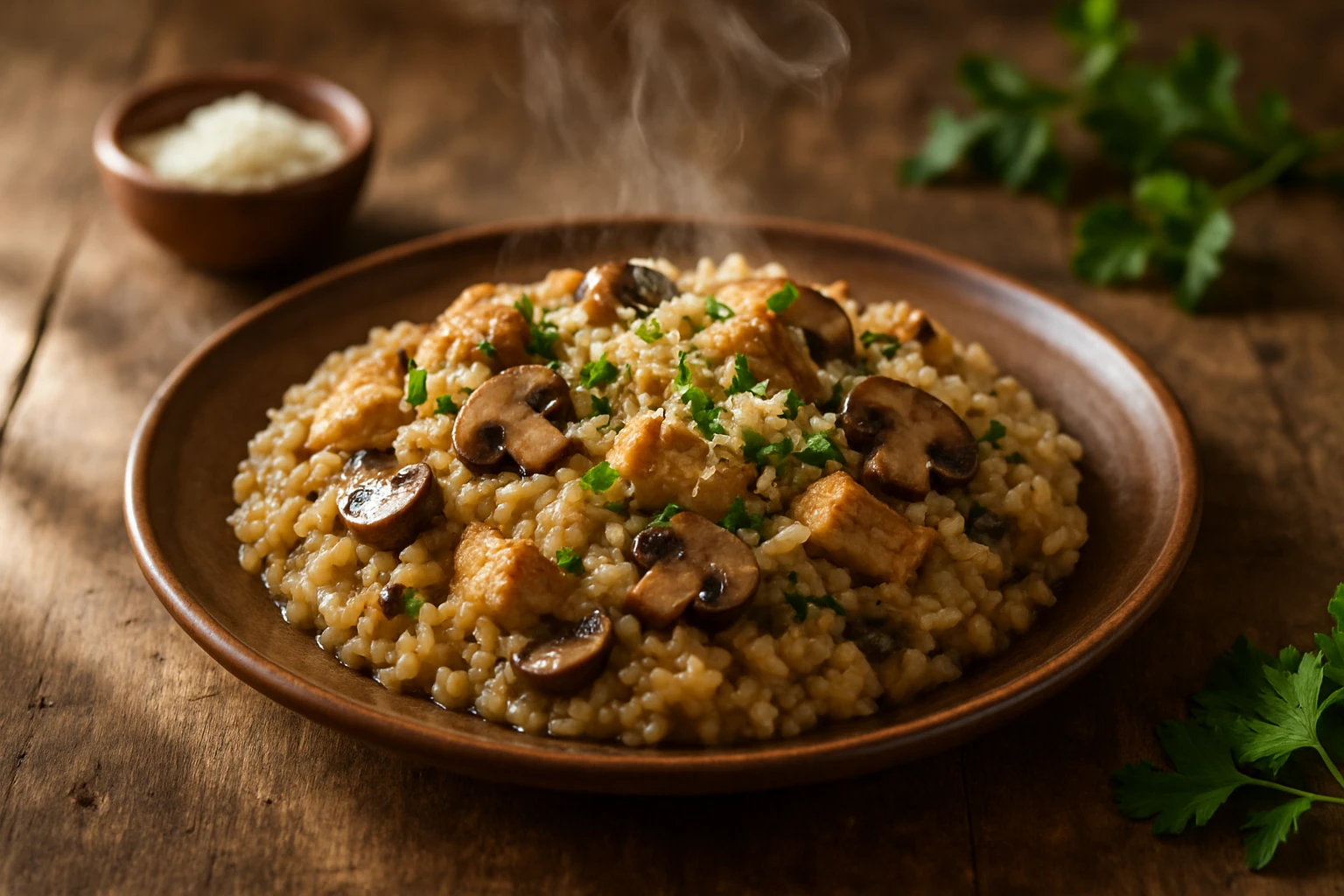 a steaming plate of risotto with chicken and mushrooms, rustic Italian presentation emoji