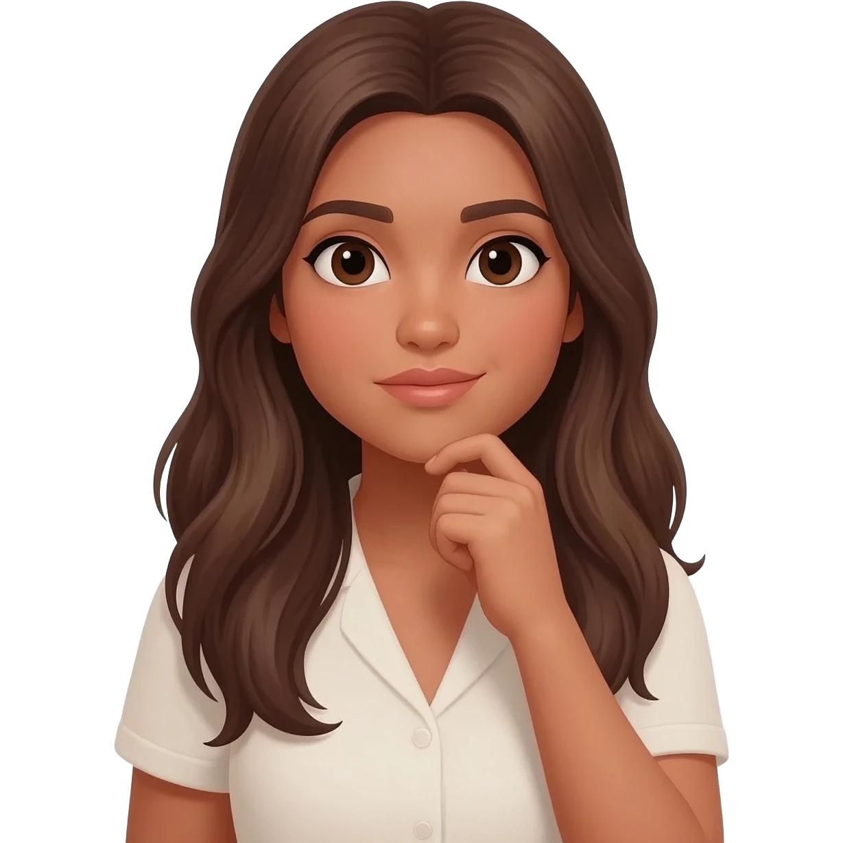 24 YEARS OLD hand in the chin questioning something, LONG BROWN HAIR, TAN SKIN, DARK BROWN EYES, TEACHER emoji