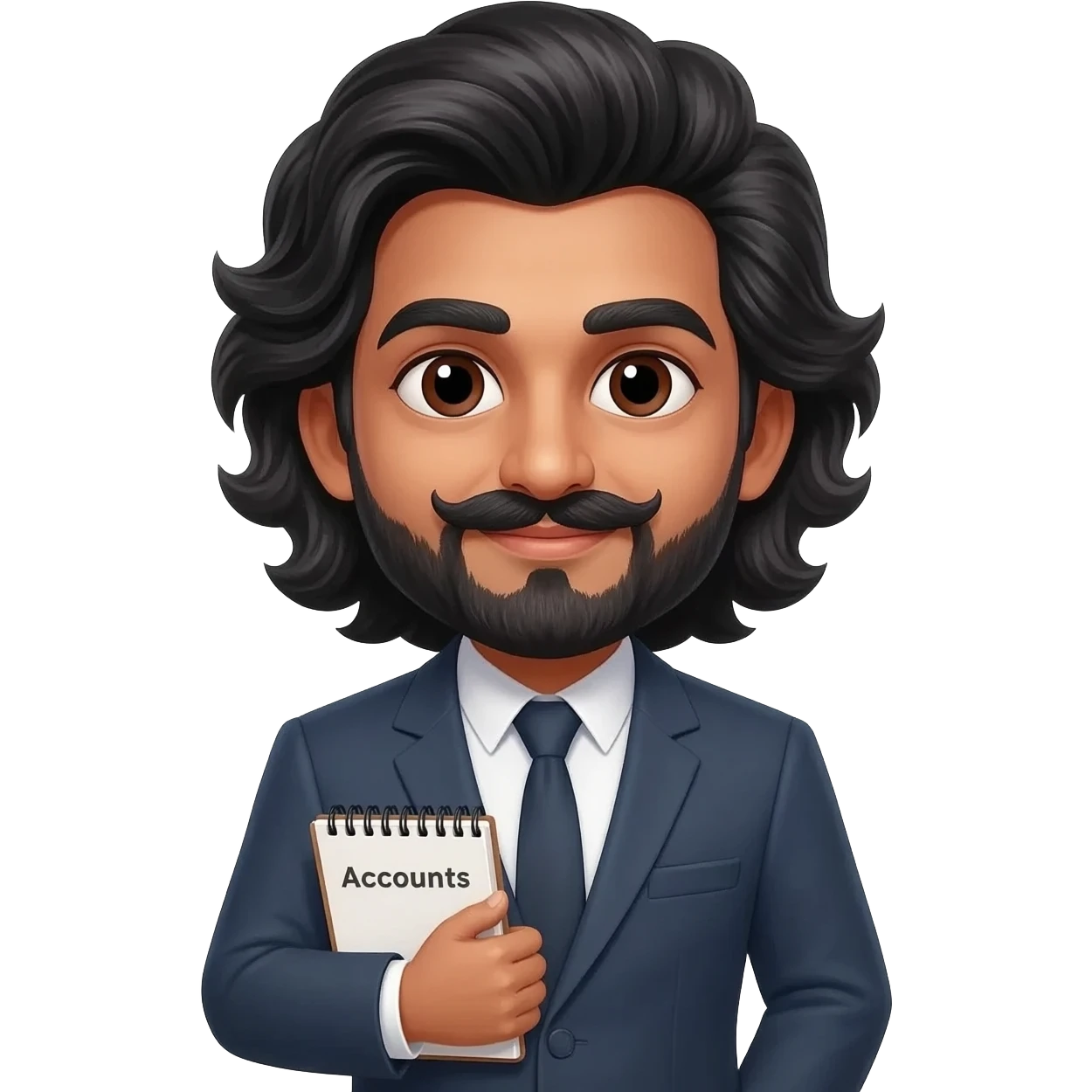 create emoji of man with middle parting and curtains like hair wearing business suit with accounts notebook and the man has middle parting and of indian origin with facial hair only on chin and mustache emoji