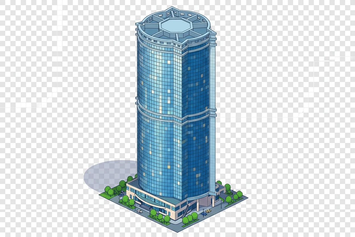 Изометричная, яркая, детализированная, объемная и фотореалистичная отдельная иллюстрация башни «Лазурные Небеса» в Казани. Чёткие контуры, не размазанные линии, высокое качество, прозрачный фон, не обрезать края картинки emoji