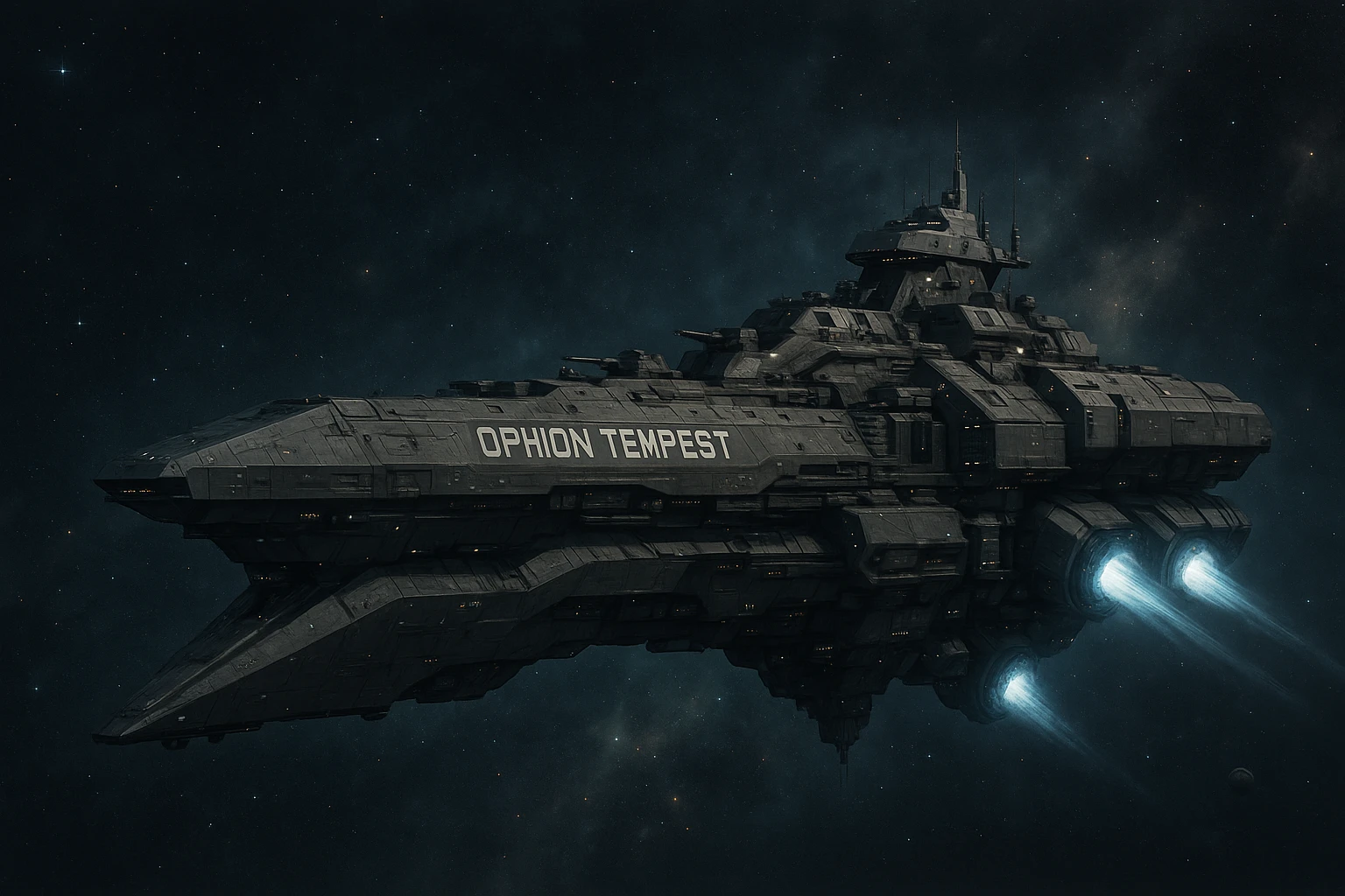 capital class space cruiser supercarrier of Zrian [human] origins, named the "Ophion Tempest" emoji