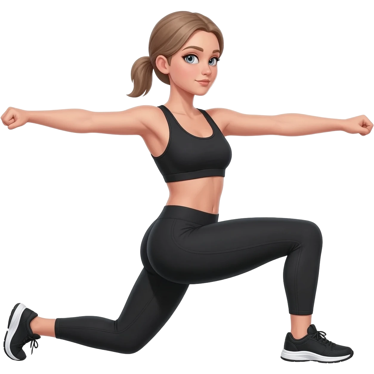 shoulder rolls, fair-skinned woman, light gray-blue eyes, ash brown brows, ash light brown hair tied back, slim athletic body, black workout set, black sneakers with white soles emoji