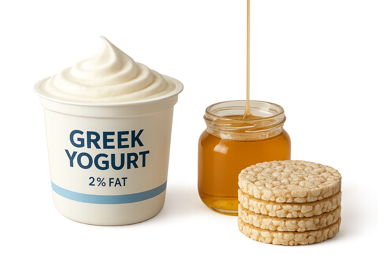 Yogurt Greco 2%
Miele (senza il cucchiaio di legno)
Gallette di Riso
vista frontale, iperrealistico 4k emoji