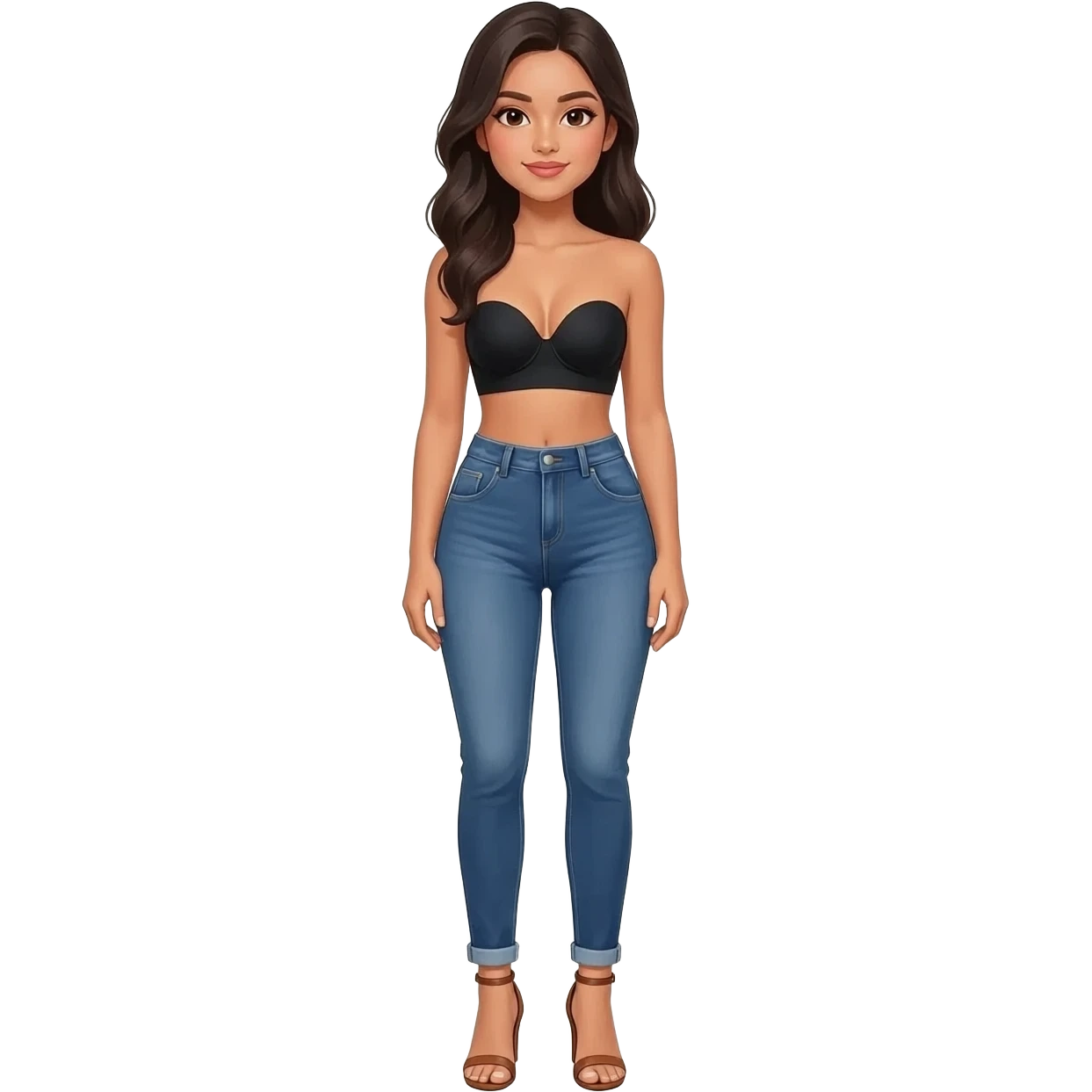 Filipino girl black bra strapless top and high waisted denim jeans  with feet stand straight body wear pageant high heels sandals brown emoji