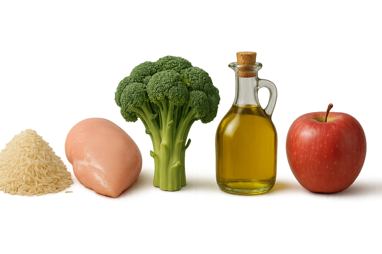 Riso basmati
Petto di pollo
Verdura fibrosa verde
Olio EVO
Mela
vista frontale, iperrealistico 4k emoji