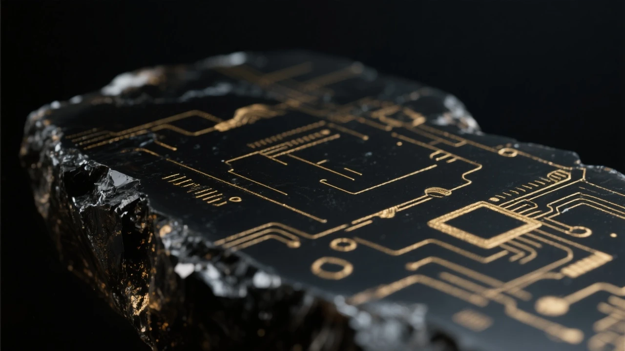 Closeup of black obsidian surface with subtle gold technology etchings in moody, dark lighting. emoji