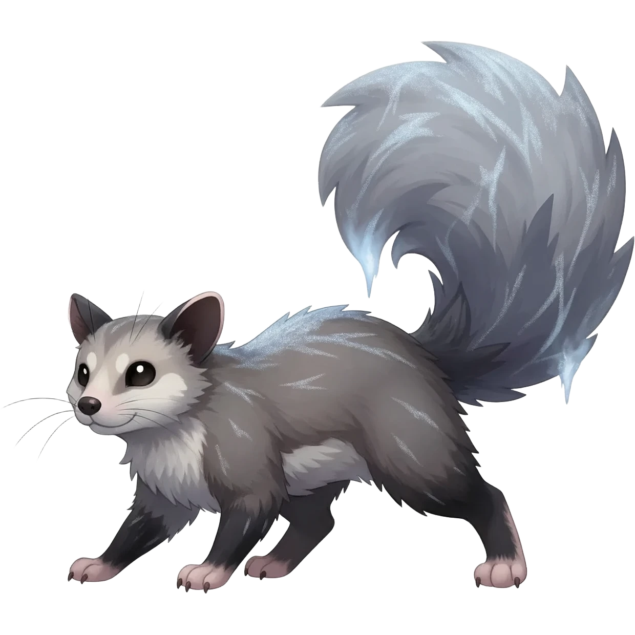 stormcell charcoal fur crackling with silver frost-veins and ghost-dust sheen Hyper-realistic beautiful elegant pretty precious cute  Fakémon-Pokémon-opossum-feline-serval-caracal-chinchilla-Furret-Minccino-hybrid-creature with a big fluffy bushy tail (full body) emoji