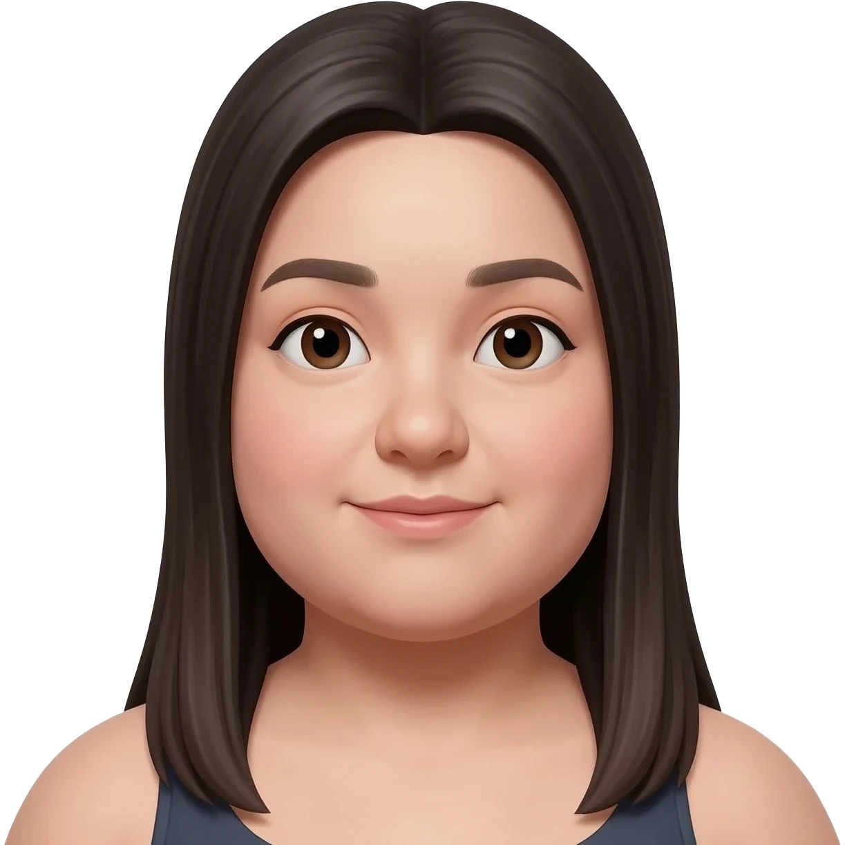 young woman, fuller face and chubby body, long straight dark hair, front view, neutral expression, realistic portrait, white background. emoji