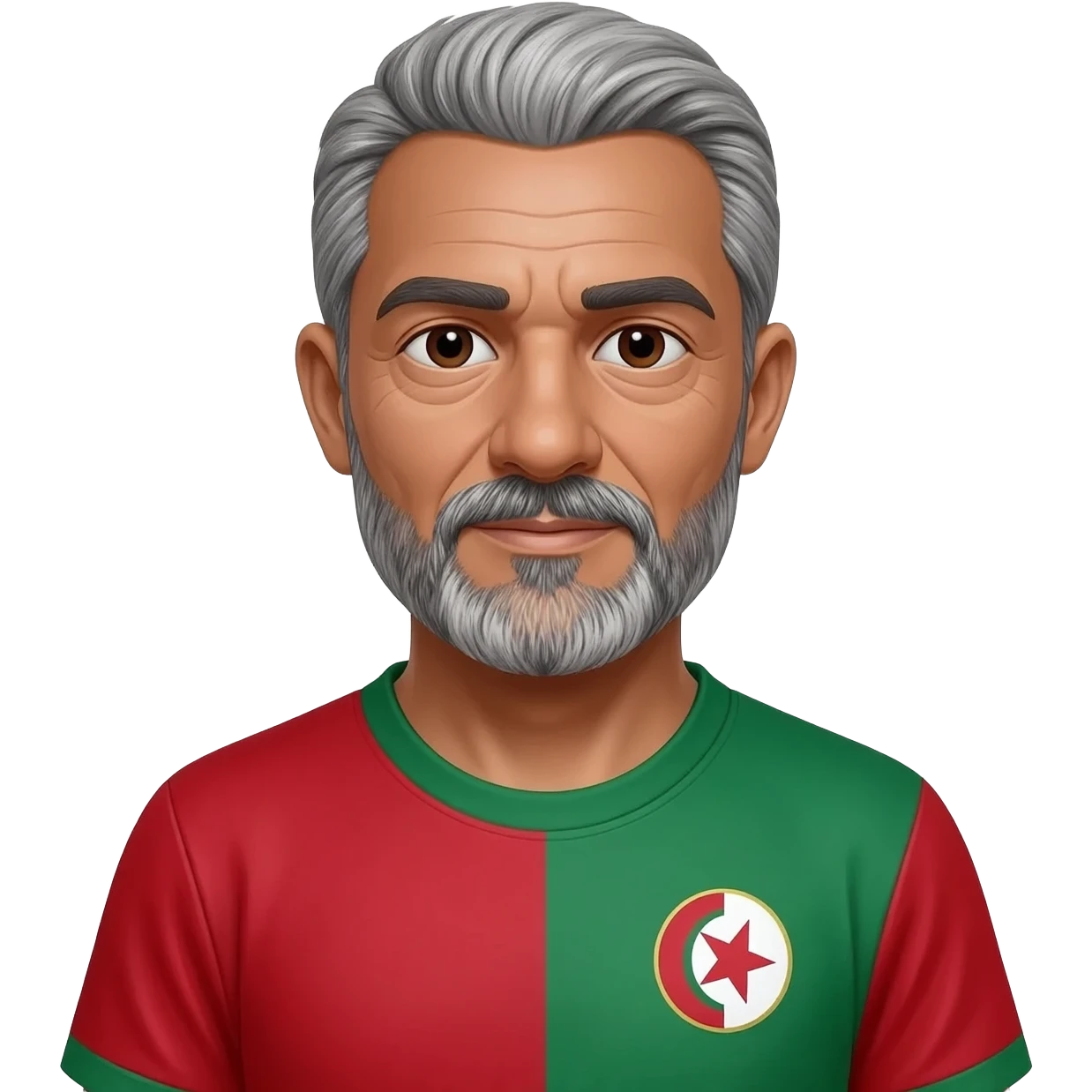 homme métisse algérien peau claire yeux marrons 60 ans cheveux gris avec barbe avec maillot foot Algérie emoji