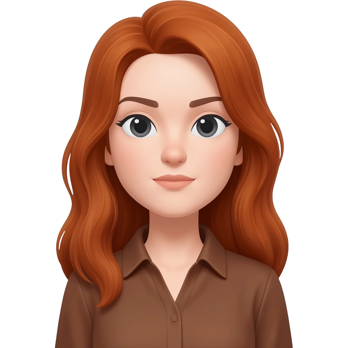 like the apple woman emoji, but with long auburn hair and pale lavender skin, wearing brown shirt emoji