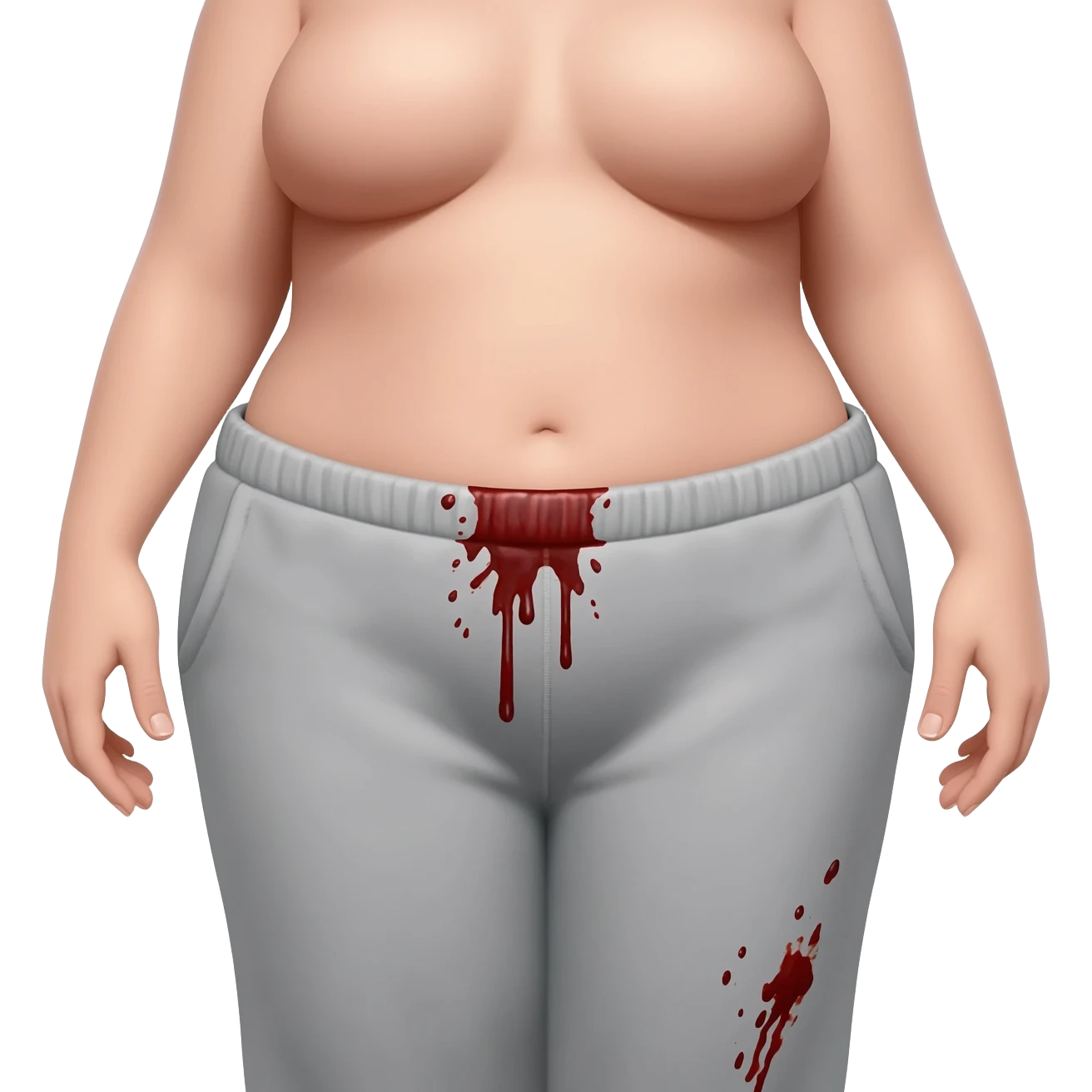 chubby girl with grey sweatpants on and blood on the genital area of the pants emoji