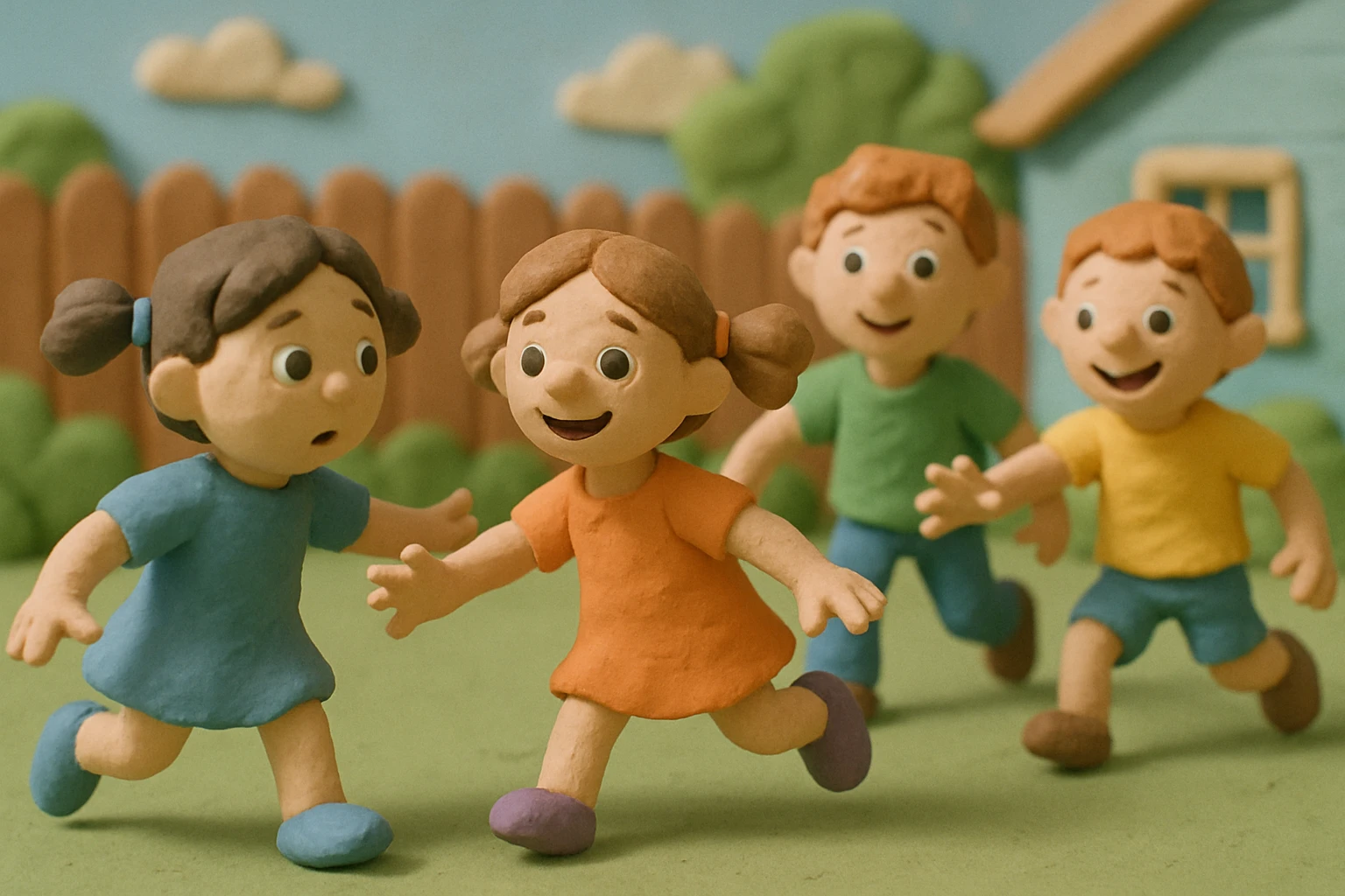 Children playing tag in a backyard, claymation style, pastel colors, visible fingerprints, matte plasticine texture. emoji