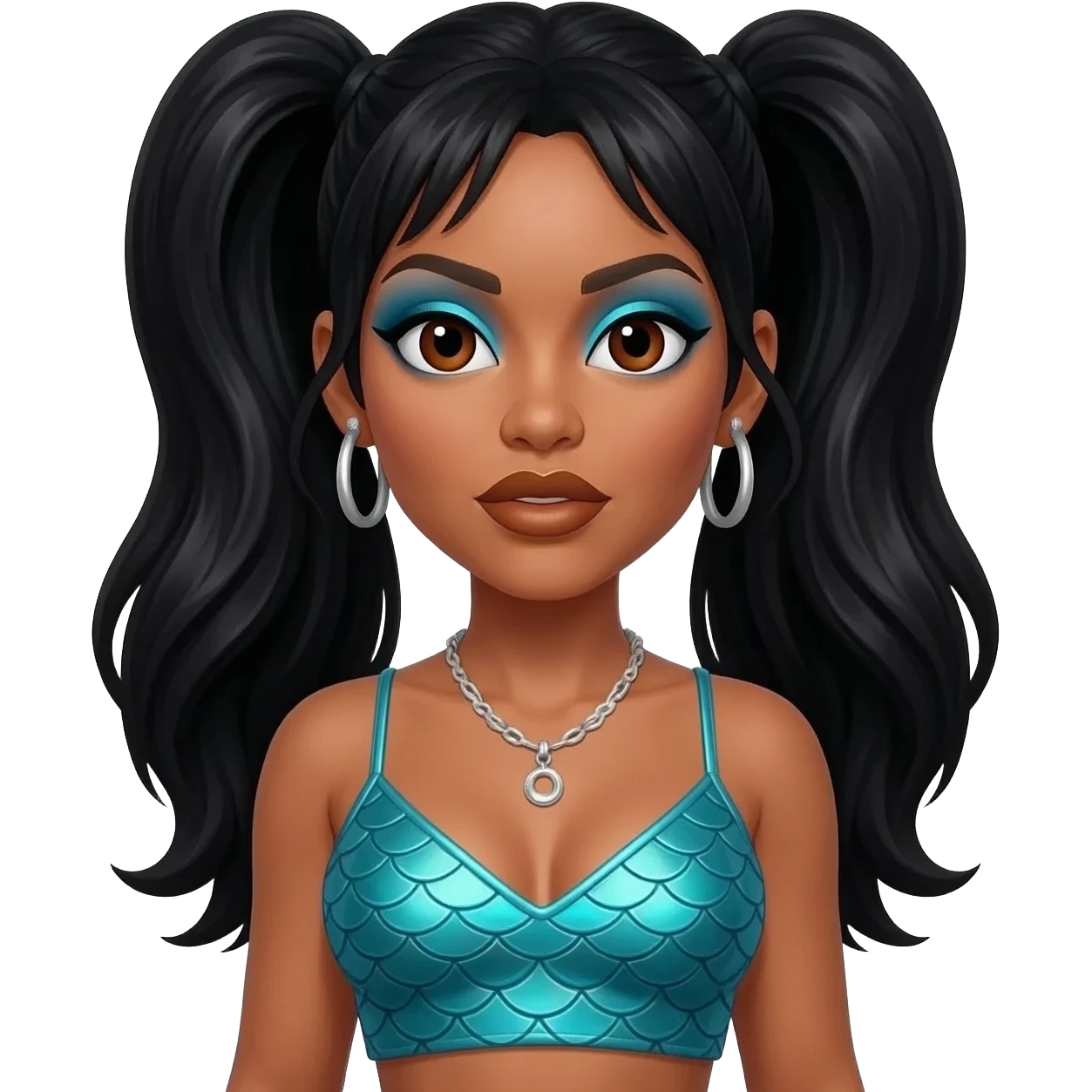 Lisa Left Eye Lopes from TLC with dark brown eyes, long black two high ponytail hair, sky blue eyeshadow, bronze lipstick, turquoise metallic mermaid crop top, silver necklace and earrings emoji
