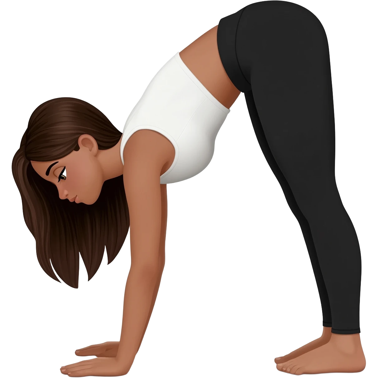 Девушка белокожая с правильным пропорциями тела стоит в позе собака мордой вниз, только человек, с длинными темными волосами, в коротком белом топе, в черных лосинах, с черными ресницами emoji