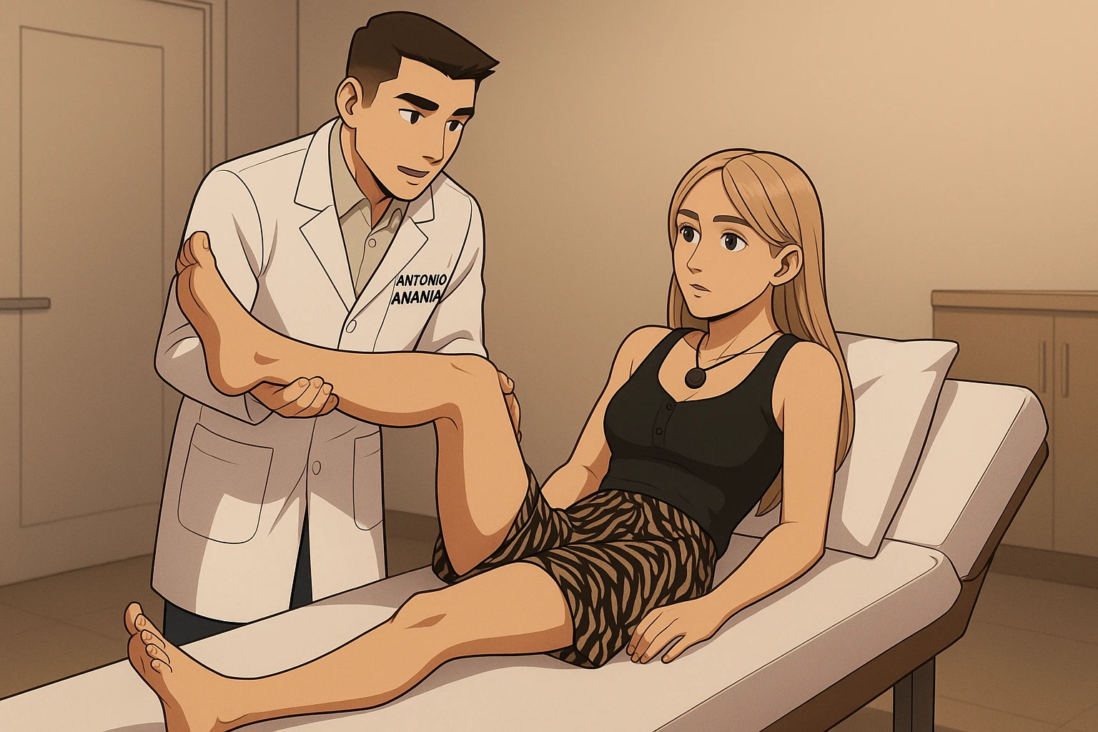 fai un webtoon/manga a colori con questo kinesiologo in camice bianco (fagli la scritta "ANTONIO ANANIA" SUL CAMICE) CHE SVOLGE UN TEST NEUROMUSCOLARE SOLLEVANDO UNA GAMBA ALLA RAGAZZA CHE è STESA SU UN LETTINO BIANCO. STANZA SEMPLICE E MODERNA, DURANTE IL TEST I DUE DIALOGANO TRA LORO. NON FARE I FUMETTI, FAI SOLO LORO COME SE DIALOGASSERO emoji