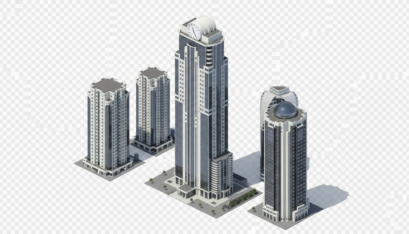 Изометричная, яркая, детализированная, объемная и фотореалистичная иллюстрация Башни «Феникс» в Грозном. Чёткие контуры, не размазанные линии, высокое качество, прозрачный фон, не обрезать края картинки emoji