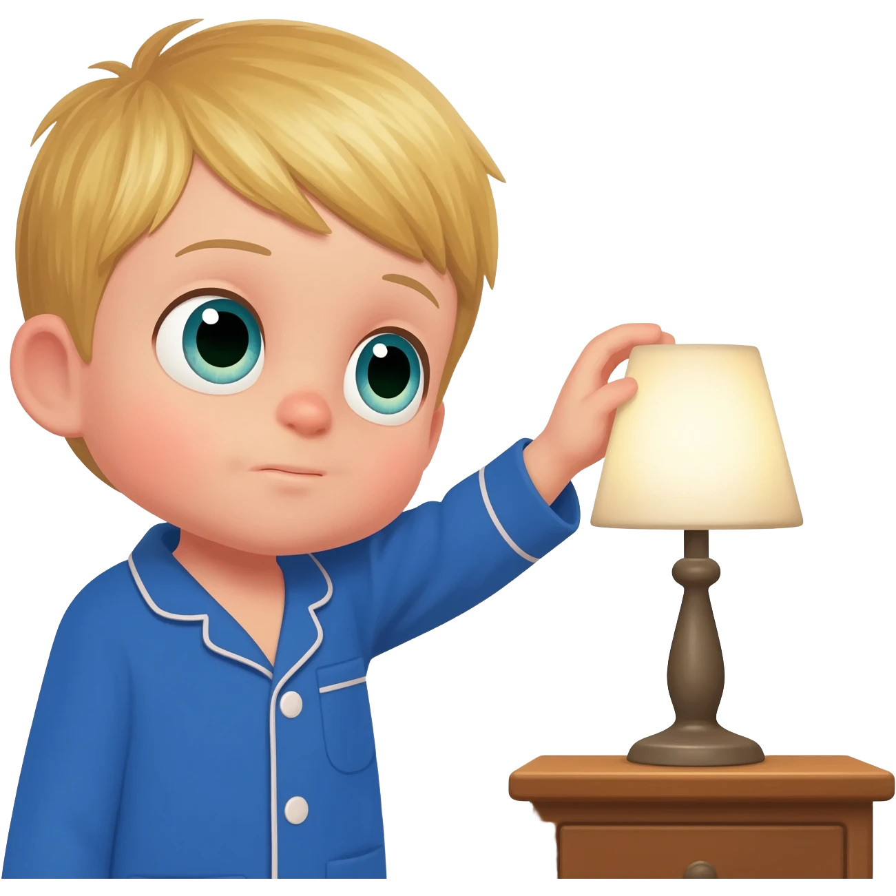 Create an emoji of the same blonde 3 year old as the first one you did. happy boy with blue-greenish eyes with blue pajamas on turning off the lights to go to sleep emoji