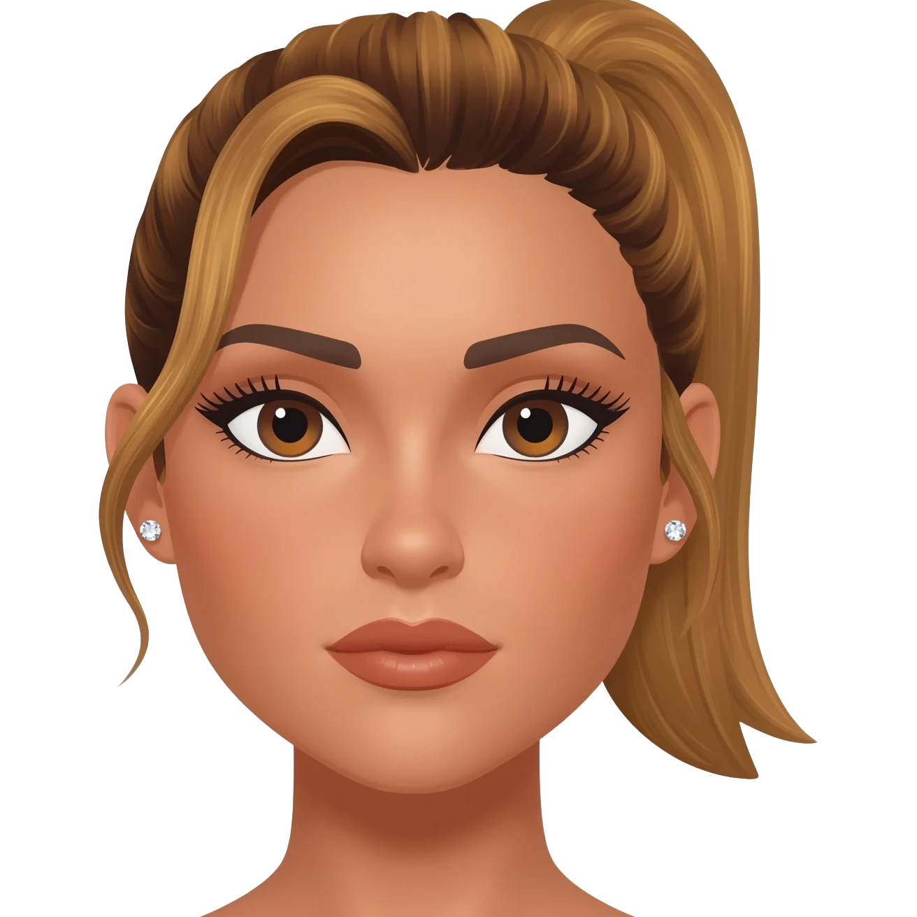 brunette with golden brown hair with dark brown roots in a high ponytail, dark brown eyes, medium brown eyelash color, full lips, small button nose, fair skinned like of olive color, with full eye lashes, diamond earring studs emoji