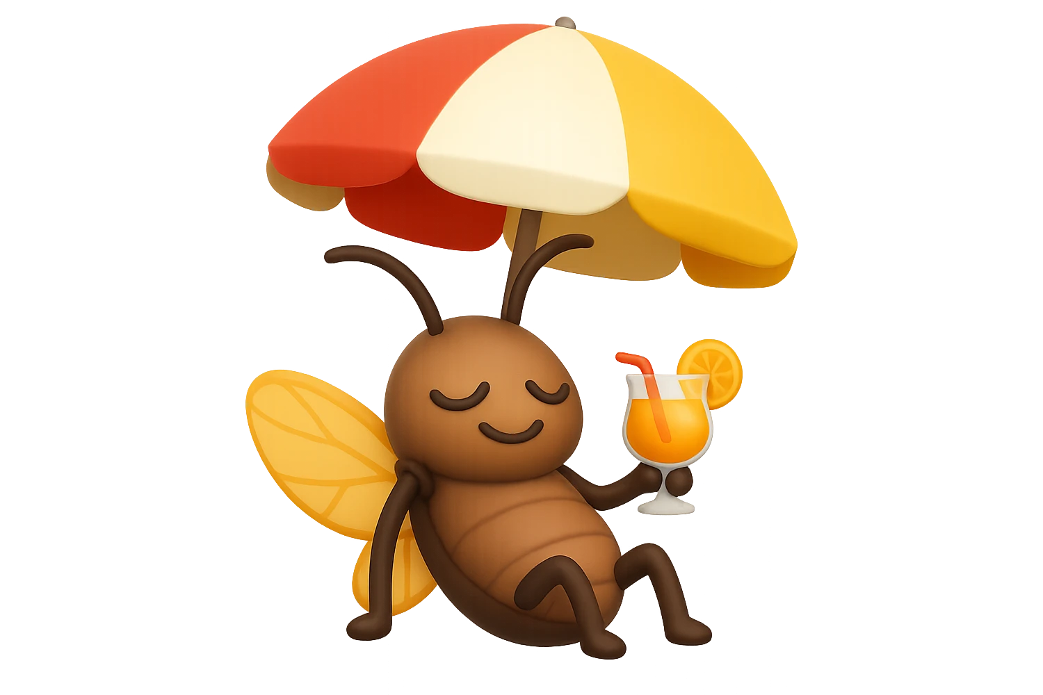 EMOJI STILE IPHONE 3D DI UNA CICALA CHE STA RILASSATA SEDUTA SOTTO L'OMBRELLONE CON UN COCKTAIL IN MANO emoji