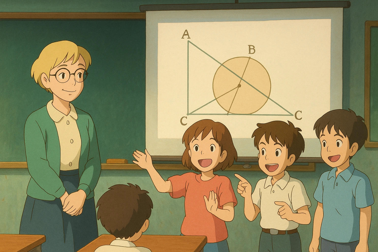 Clase de geometría: profesora rubia de pelo corto y gafas redondas, tres alumnos explican una diapositiva, ambiente alegre, estilo ghibli emoji