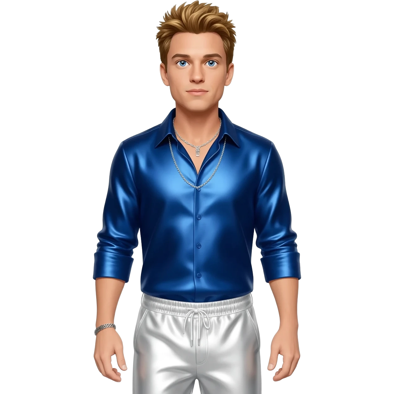Joey McIntyre from NKOTB with blue eyes, golden brown hair, indigo metallic shirt, white metallic baggy pants, silver necklace emoji