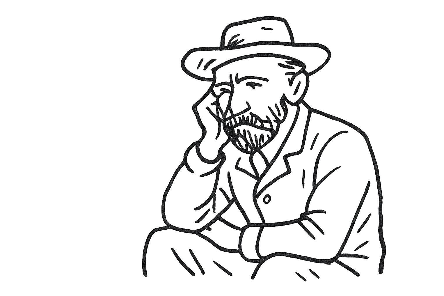 Van Gogh sitting and thinking, minimalist icon, recognizable hat and beard emoji