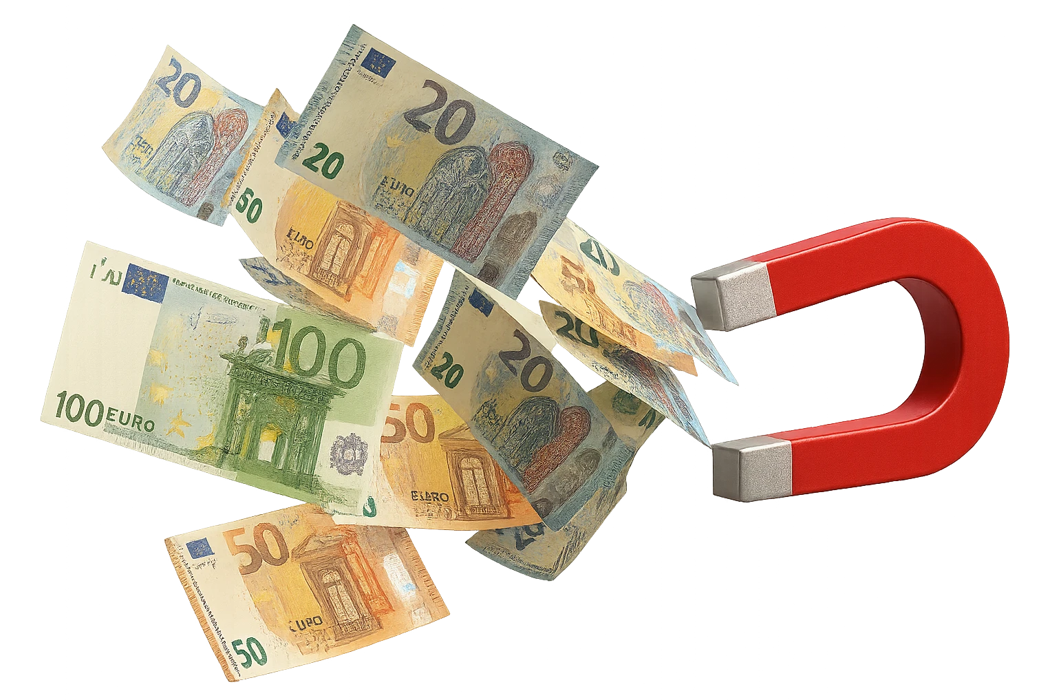 banconote di euro fluttuano vicino ad una calamita rossa, sono attratte, iperrealistico 4k emoji