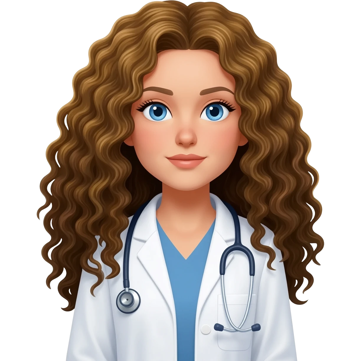Female doctor with LONG very CURLY dark blonde hair, blue eyes emoji
