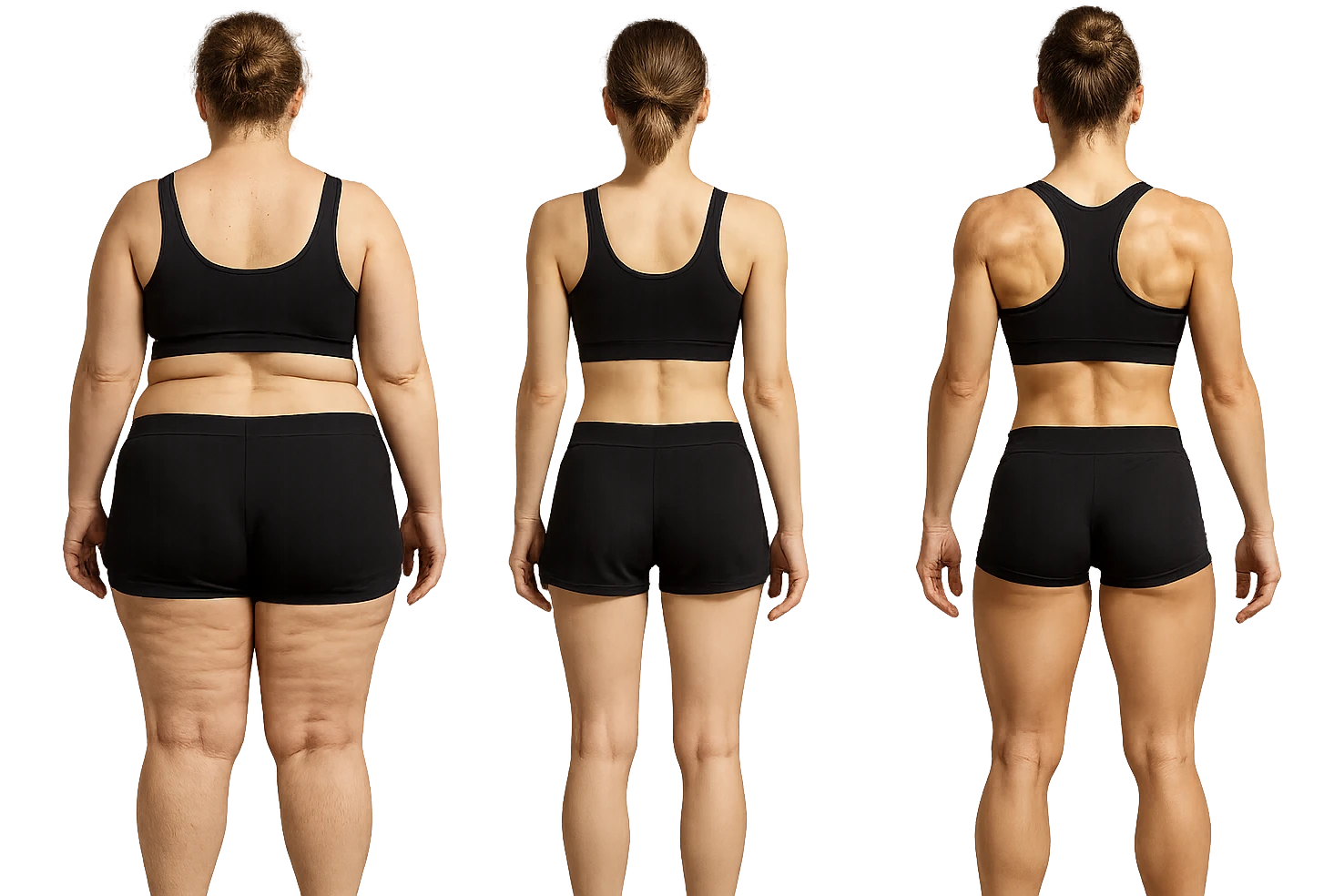 fai una donna di spalle in gym shorts leggermente sovrappeso e con cellulite e accanto una seconda donna di spalle magra (che è dimagrita post dieta) e accanto una terza donna in forma allenata e con le giuste proporzioni, l'immagine deve rappresentare il processo: da donna grassa, a donna piatta e magra, a donna allenata e in forma con i giusti muscoli, iperrealistico 4k emoji