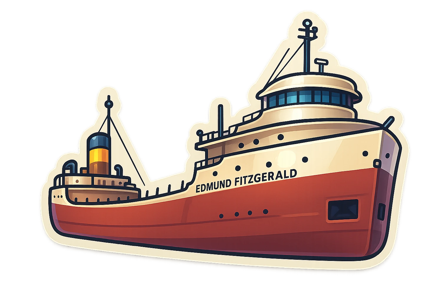 Create an emoji-style illustration of the Edmund Fitzgerald ship, preserving its unique shape and colors, with a simple or transparent background, in a retro stickers style. emoji