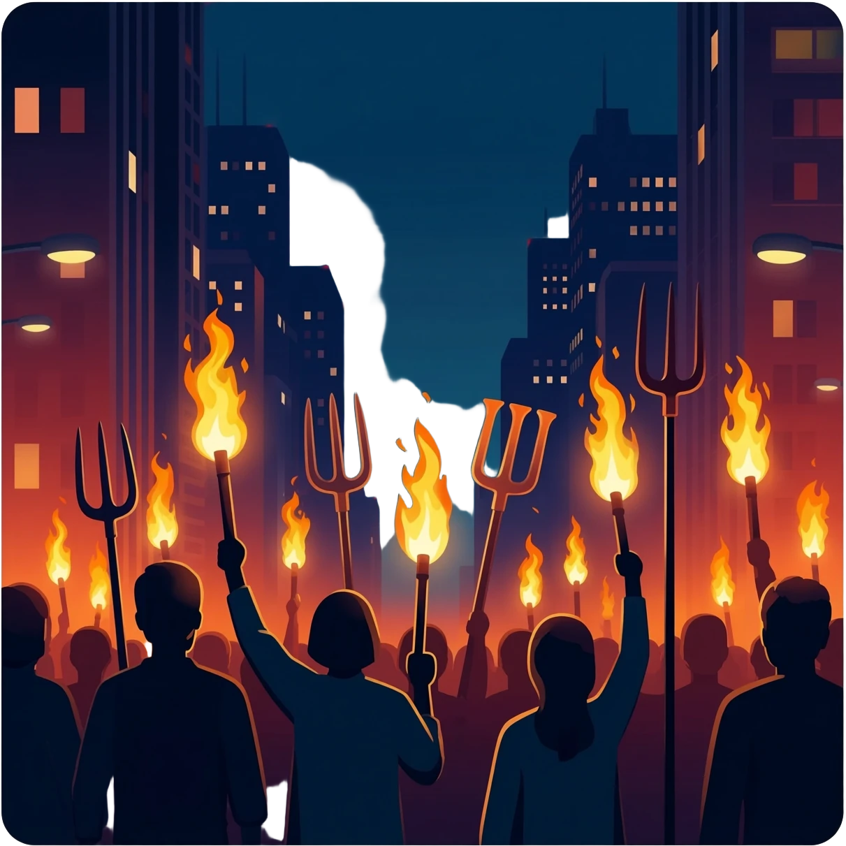 a protest with torches and pitchforks emoji