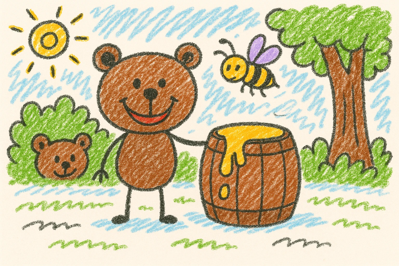 Create a 'find the three differences' version of this crayon-style cartoon bear and honey barrel scene. Make these three changes: 1) Add a second bear peeking from behind the bushes. 2) Change the shape or position of the honey spill on the barrel. 3) Move the bee to a different spot. Keep the style, colors, and layout consistent, resembling a crayon-style cartoon illustration. emoji