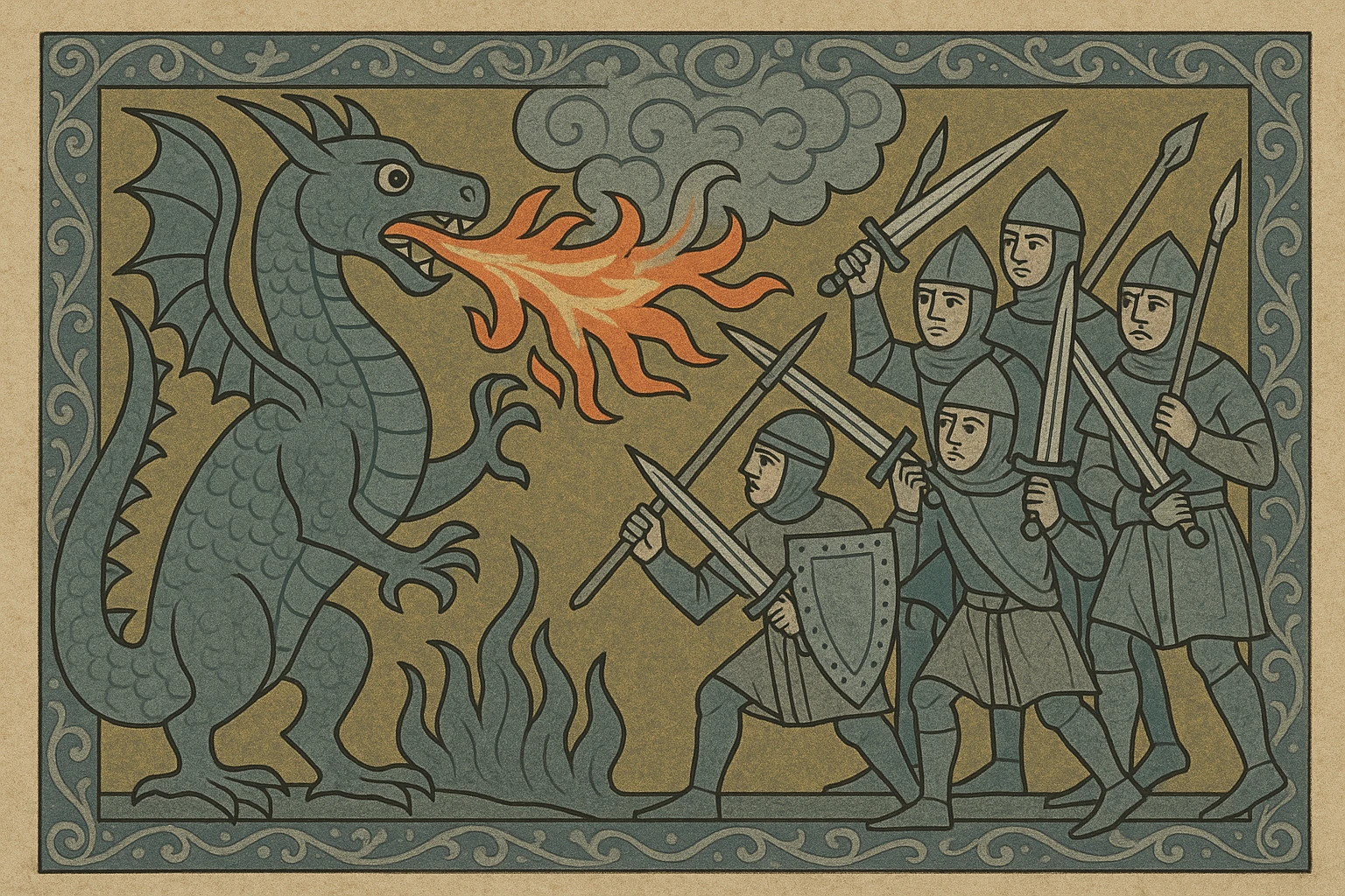 A dragon breathing fire at a group of warriors, medieval fantasy combat, epic scale, flames and smoke, dramatic lighting emoji