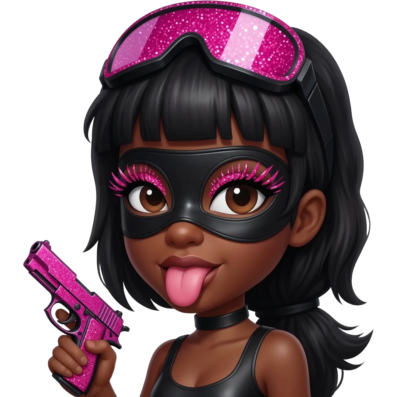 give me a black girl with a pink sparkely glock with her tongue out and a ski mask like a ganskter and falls lashes on her eyes emoji
