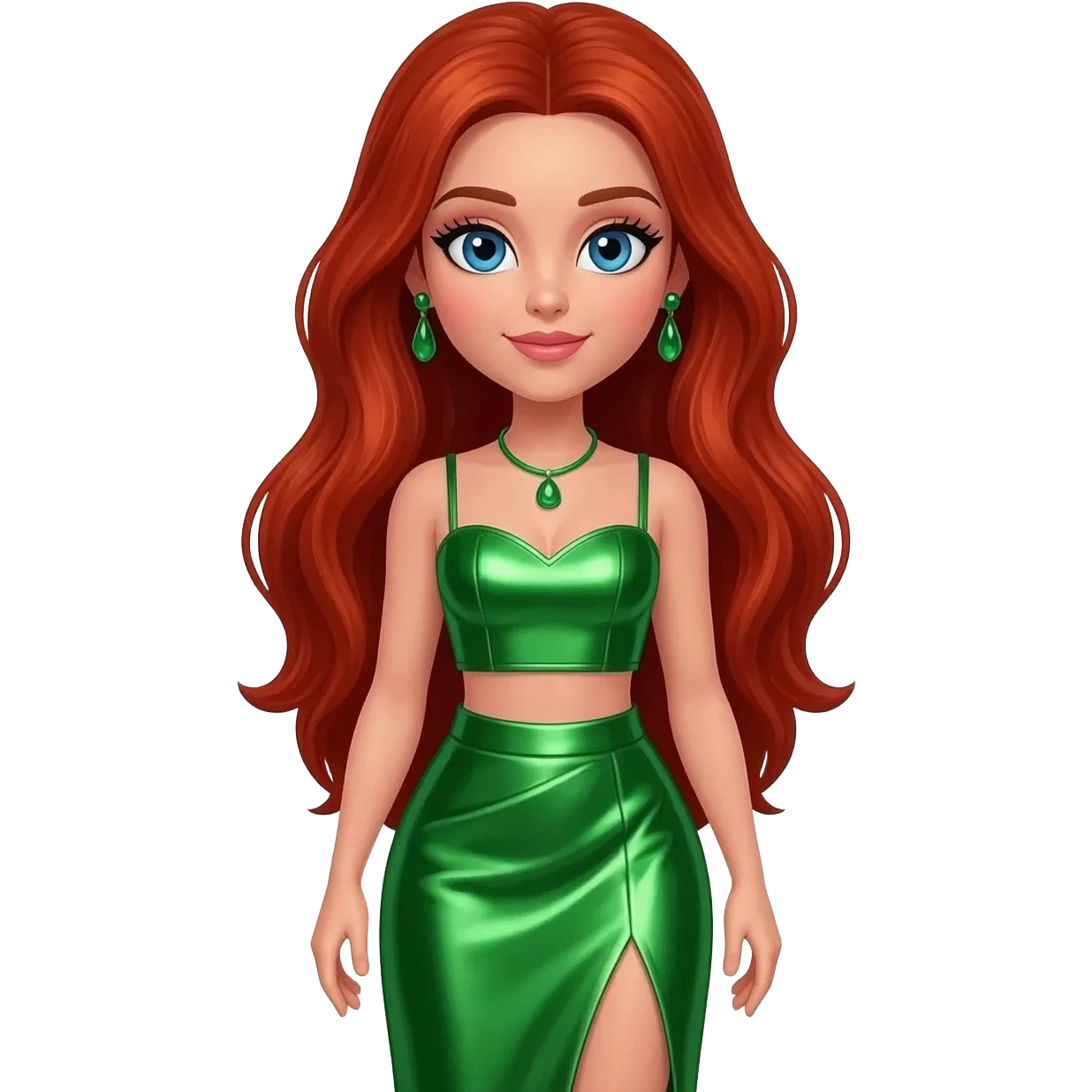Meygan from Bratz with light skin, sapphire blue eyes, long red hair, green metallic sweetheart crop top, green metallic assymetrical long skirt, green necklace and earrings emoji