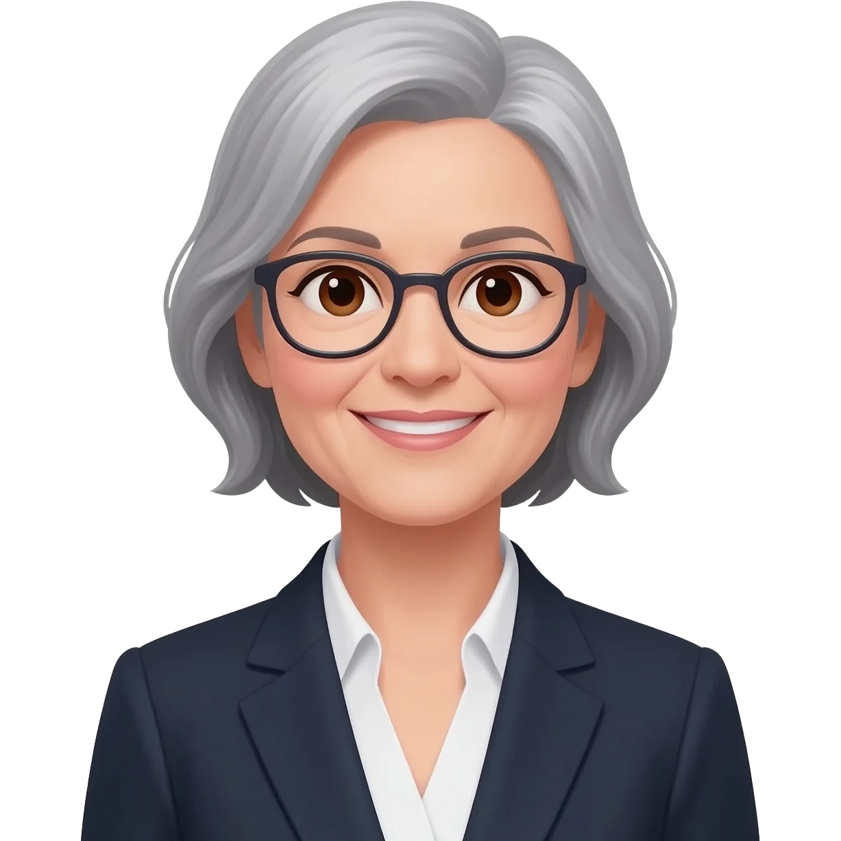 una mujer  ejecutiva madura, con ojos cafés, lentes y sonrisa amablecon cabello canoso y elegante emoji