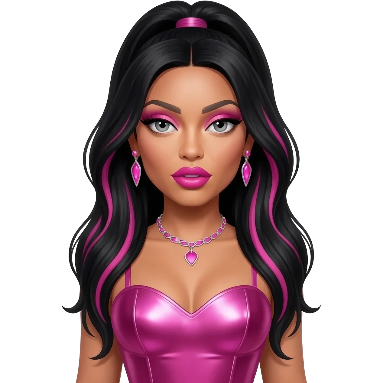 Nicki Minaj with grey eyes, long black hair with pink highlights, pink eyeshadow, hot pink lipstick, hot pink metallic sweetheart dress, pink necklace and earrings emoji