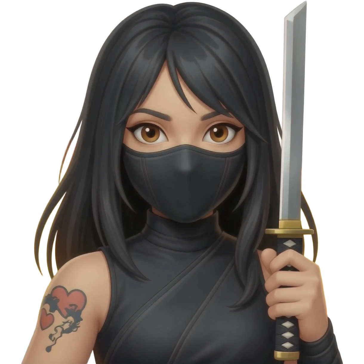 Girl, ninja, katana,fire, brown eyes, long hair, black hair, mask, left hands have heart for who. emoji