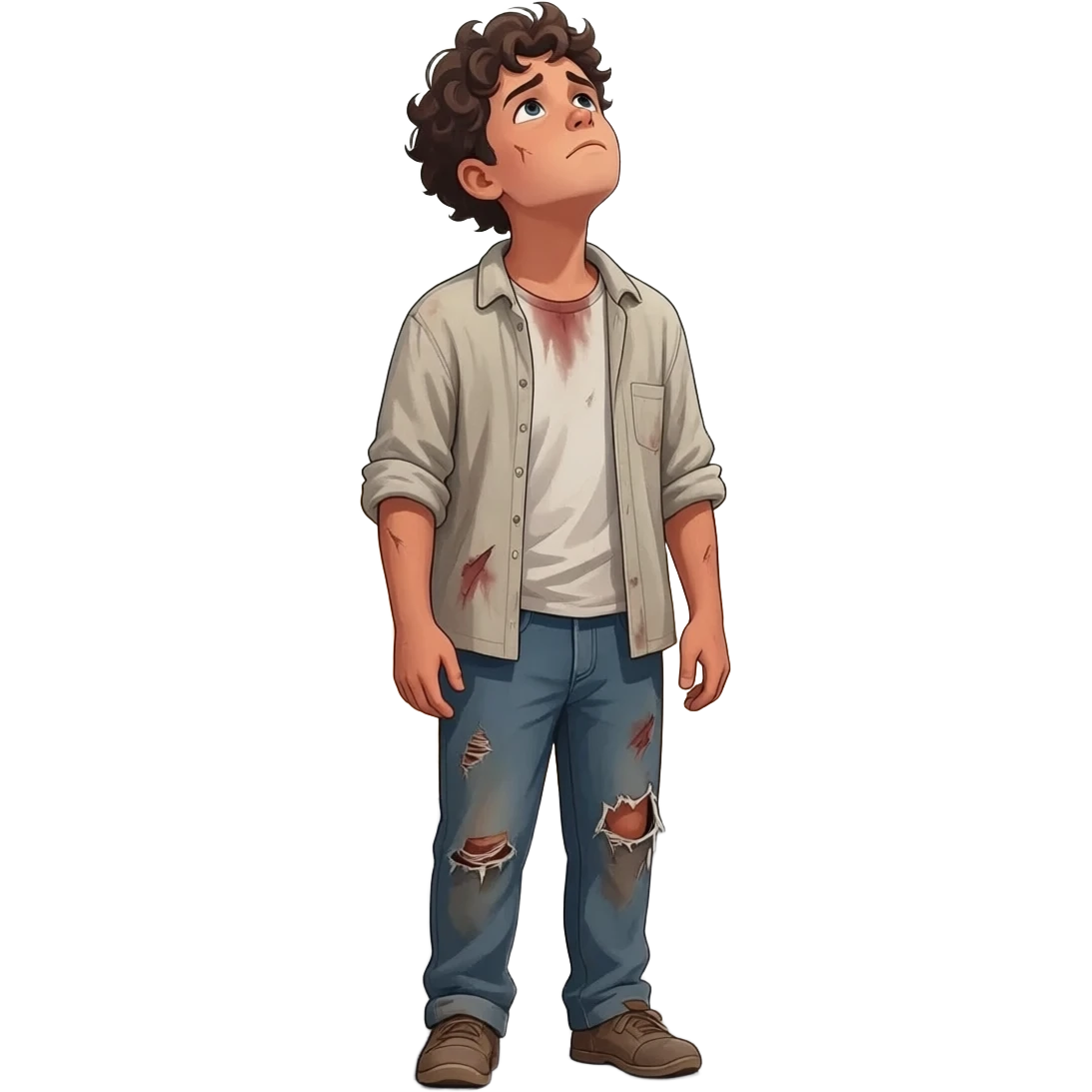 парень смортит на небо с надеждой  в рваной одежде растроенный и одинокий  стоит на асфальте  ,  времена древнего иерусалима emoji