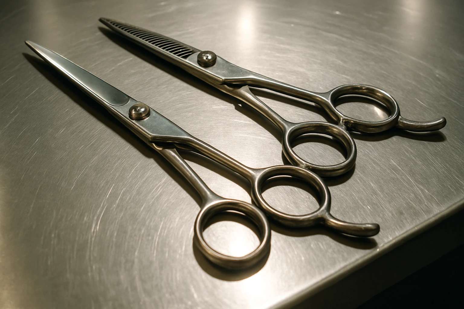 A set of professional barber scissors lies on a stainless steel workbench, gleaming under the bright lights. The blades are sharp and precise, with smooth handles showing signs of frequent use, ready for the next cut emoji