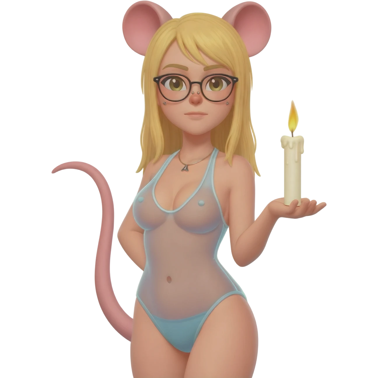 A blonde woman with rat ears and rat tail. She is wearing glasses in a transparent swimsuit, has a large chest and can be seen having piercings on her nipples. she stands and holds in one hand to bake in the other hand a burning candle emoji