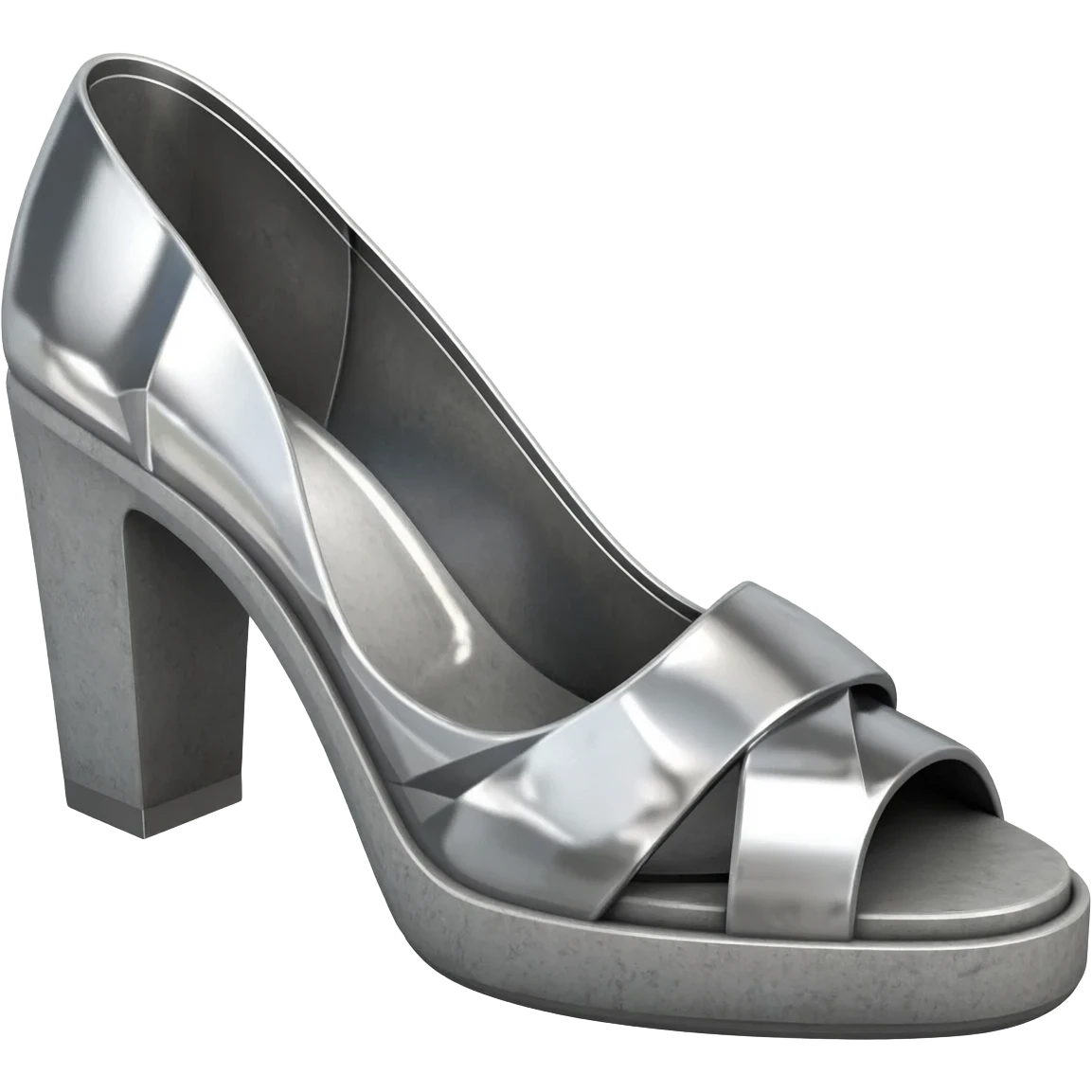 Minimalist 3D emoji based on image_e44ce5.png: massive polished chrome geometric 'M' raised metal relief, integrated central on deeply impressed bare heel in rough grey concrete. Harsh shadows, high contrast emoji