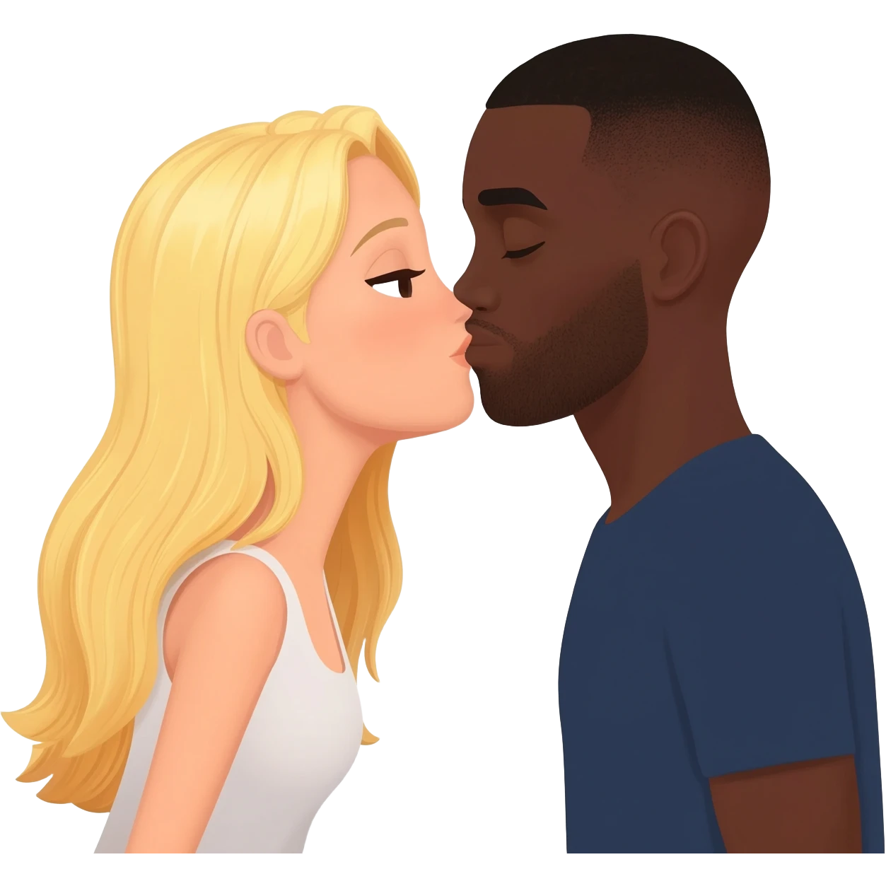 Blonde woman kissing black man with shaved head emoji