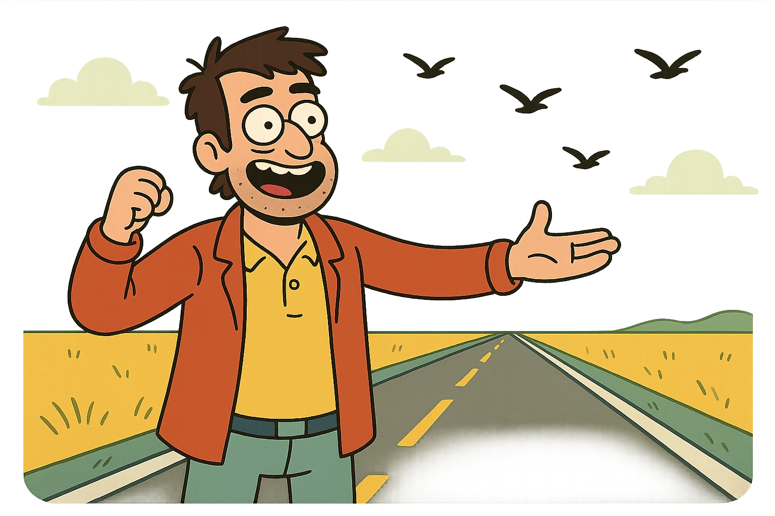 open road with flying birds symbolizing freedom, flat modern style, bright saturated colors golds greens reds blues, minimal but expressive, universal look emoji